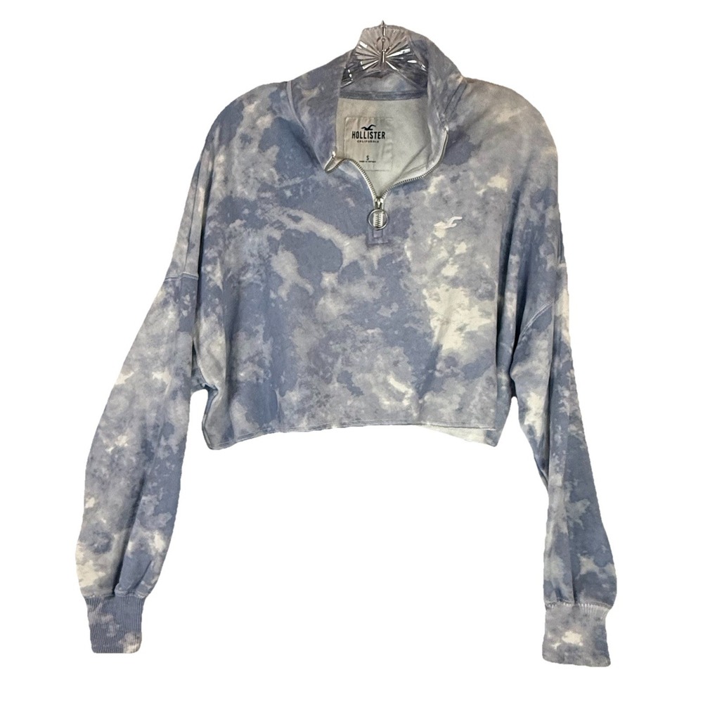 Hollister‎ Sweatshirt Womens S Blue White Tie Dye Cropped Quarter Zip